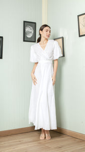 Short Mushroom Sleeve Wrap Long Dress — White