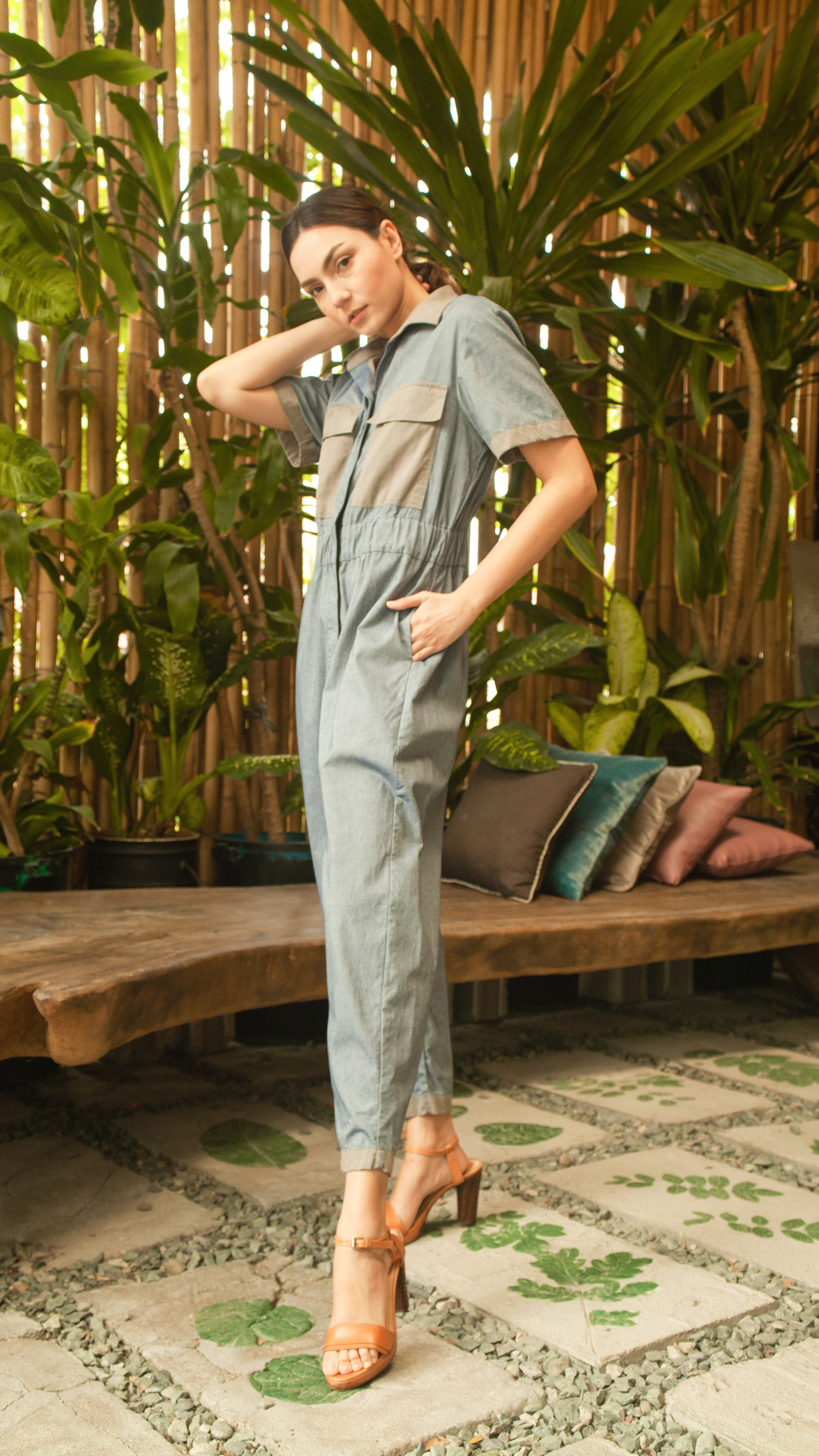 Elastic Waist Oversized Short Sleeve Baggy Jumpsuit — Light Blue / Light Brown