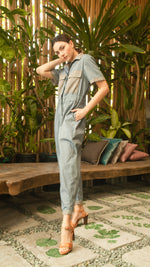 Load image into Gallery viewer, Elastic Waist Oversized Short Sleeve Baggy Jumpsuit — Light Blue / Light Brown
