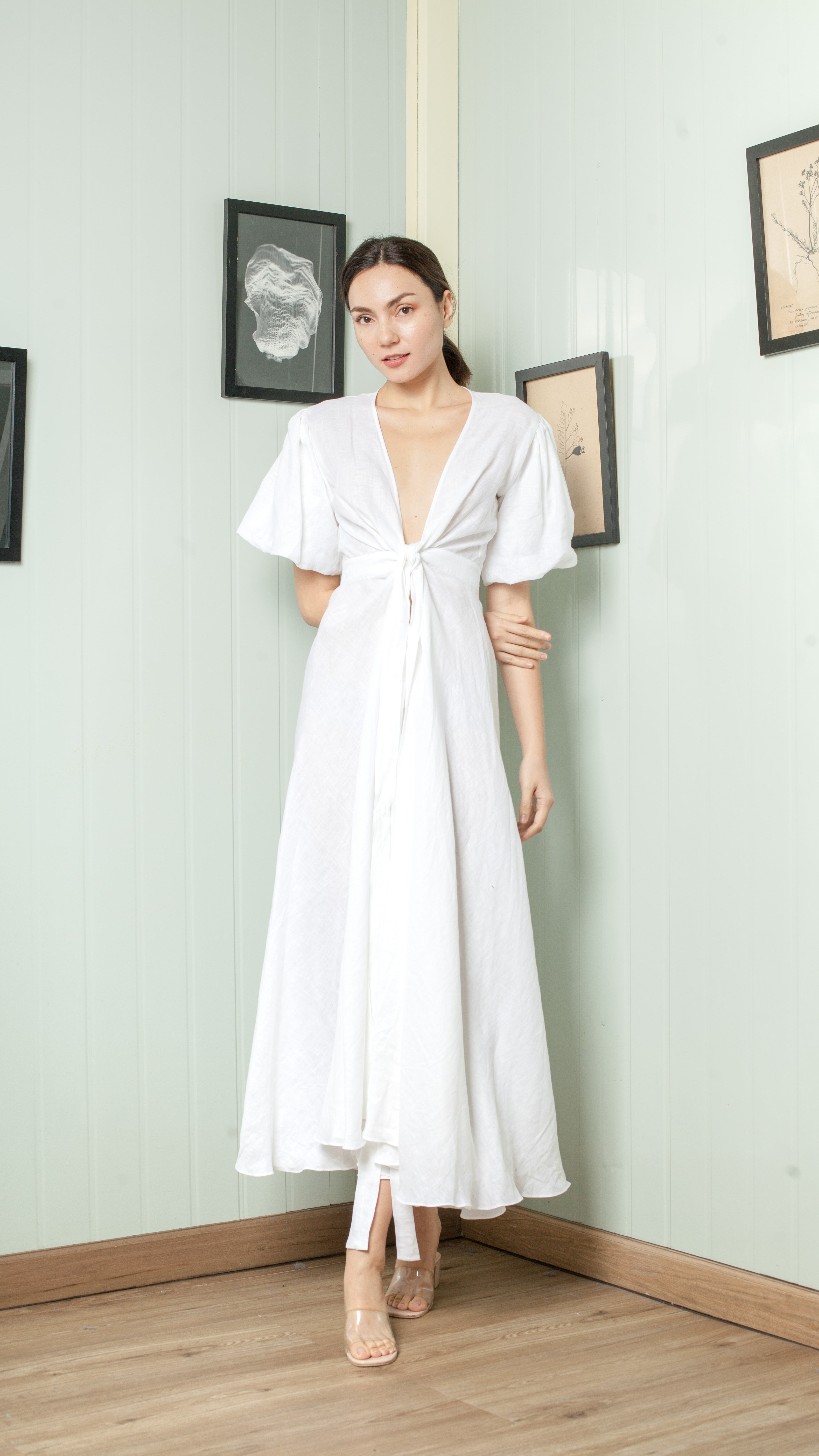 Short Mushroom Sleeve Wrap Long Dress — White