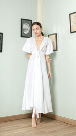 Load image into Gallery viewer, Short Mushroom Sleeve Wrap Long Dress — White
