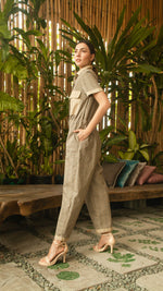 Load image into Gallery viewer, Elastic Waist Oversized Short Sleeve Baggy Jumpsuit — Checkered / Khaki
