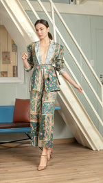 Load image into Gallery viewer, Single Button Flat Waistband Back Elastic Wide Hem Pants — Blue Floral
