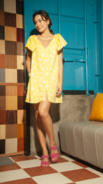 Load image into Gallery viewer, Front Zip V Neck Doll Dress — Yellow Floral
