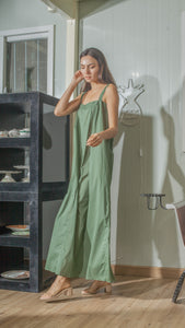 Tie Back Ribbon Dress in Green Lightweight Cotton Weave