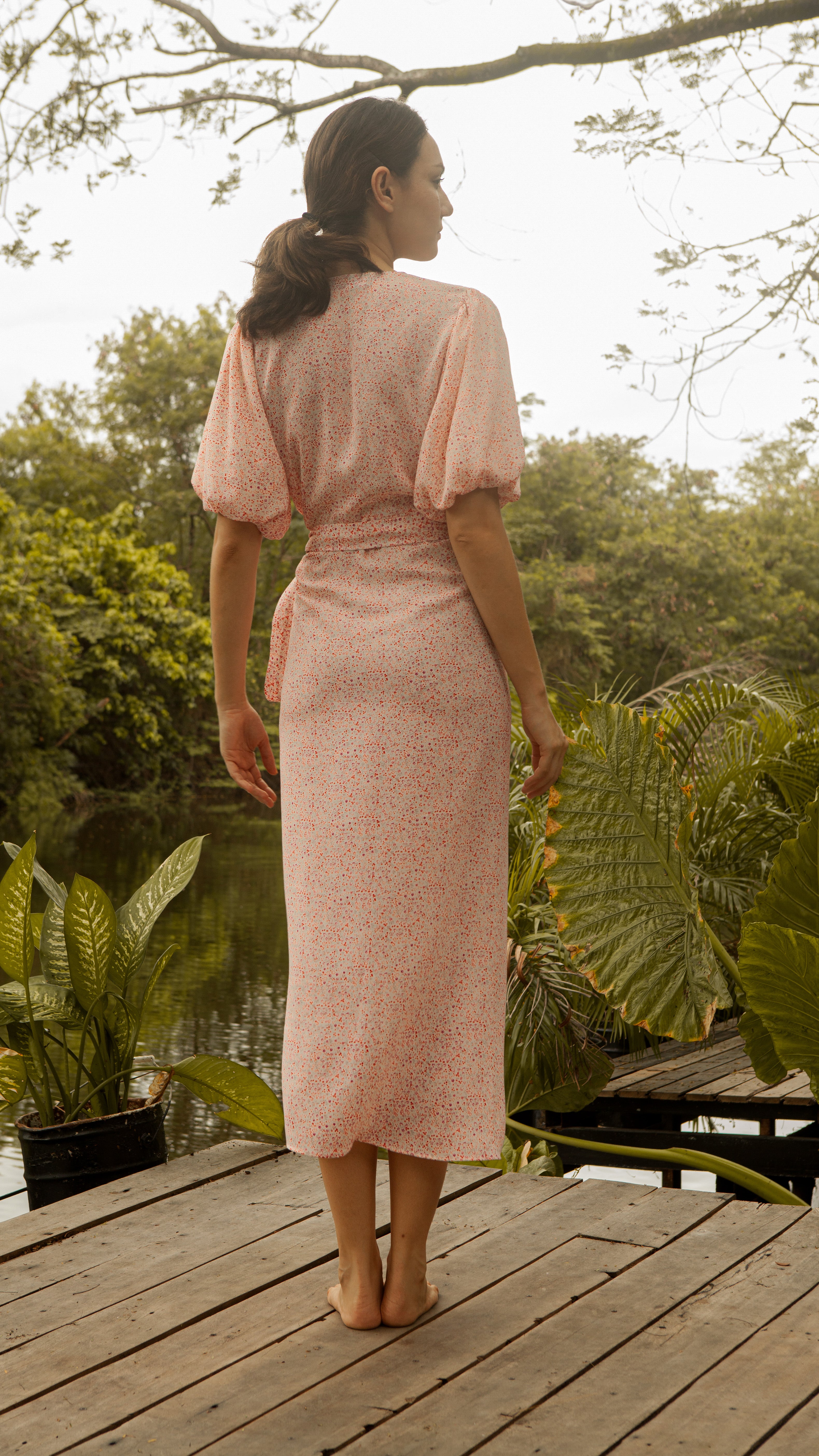 Short Mushroom Sleeve Wrap Long Dress — Floral