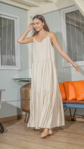 Double Strap V-Neckline Long Dress in Beige Linen