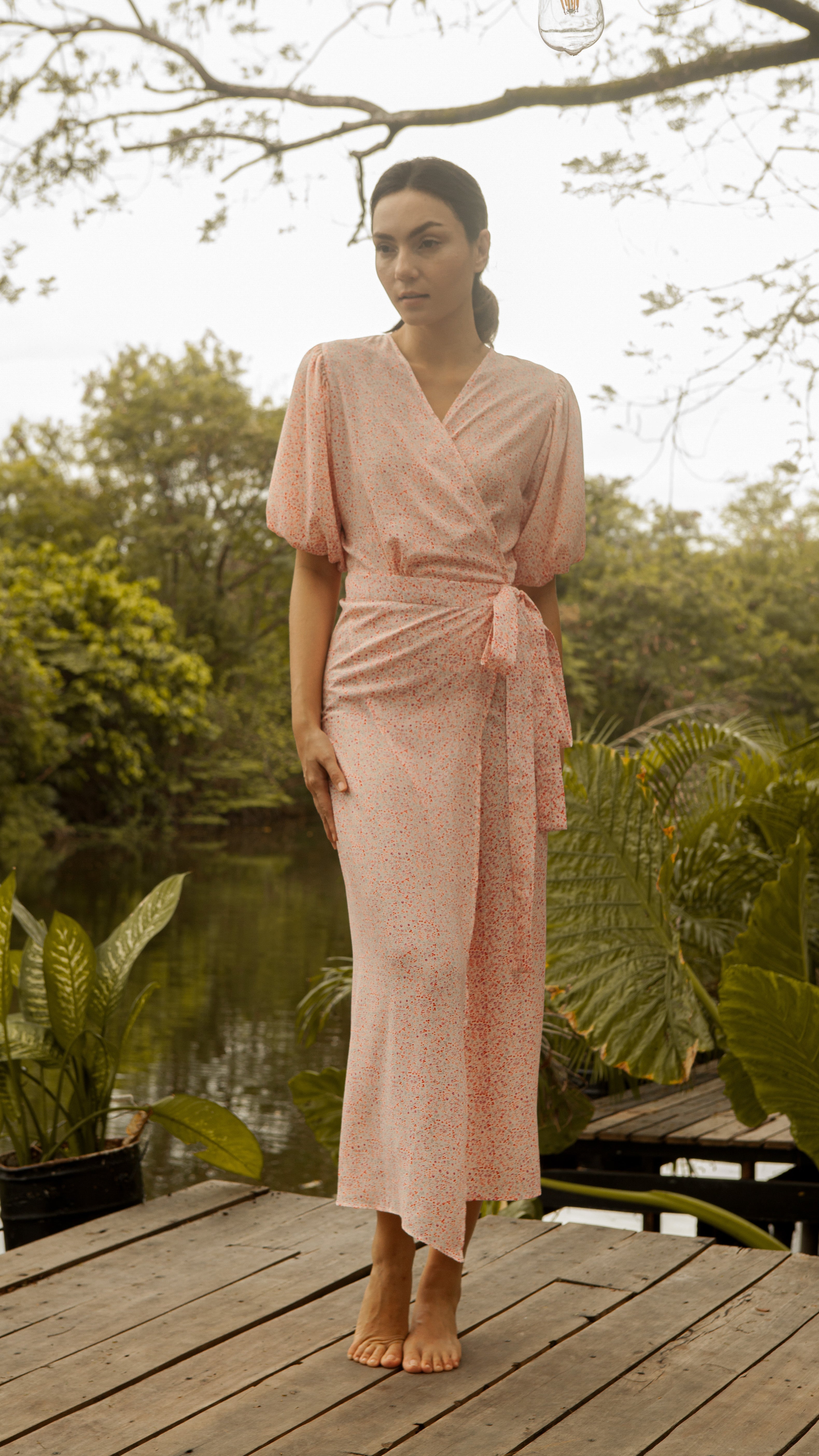 Short Mushroom Sleeve Wrap Long Dress — Floral