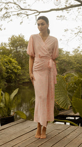 Short Mushroom Sleeve Wrap Long Dress — Floral