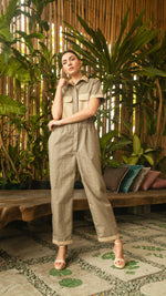 Load image into Gallery viewer, Elastic Waist Oversized Short Sleeve Baggy Jumpsuit — Checkered / Khaki
