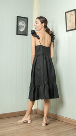 Load image into Gallery viewer, Adjustable Scallop Shoulder Detail Shirred Dress — Black
