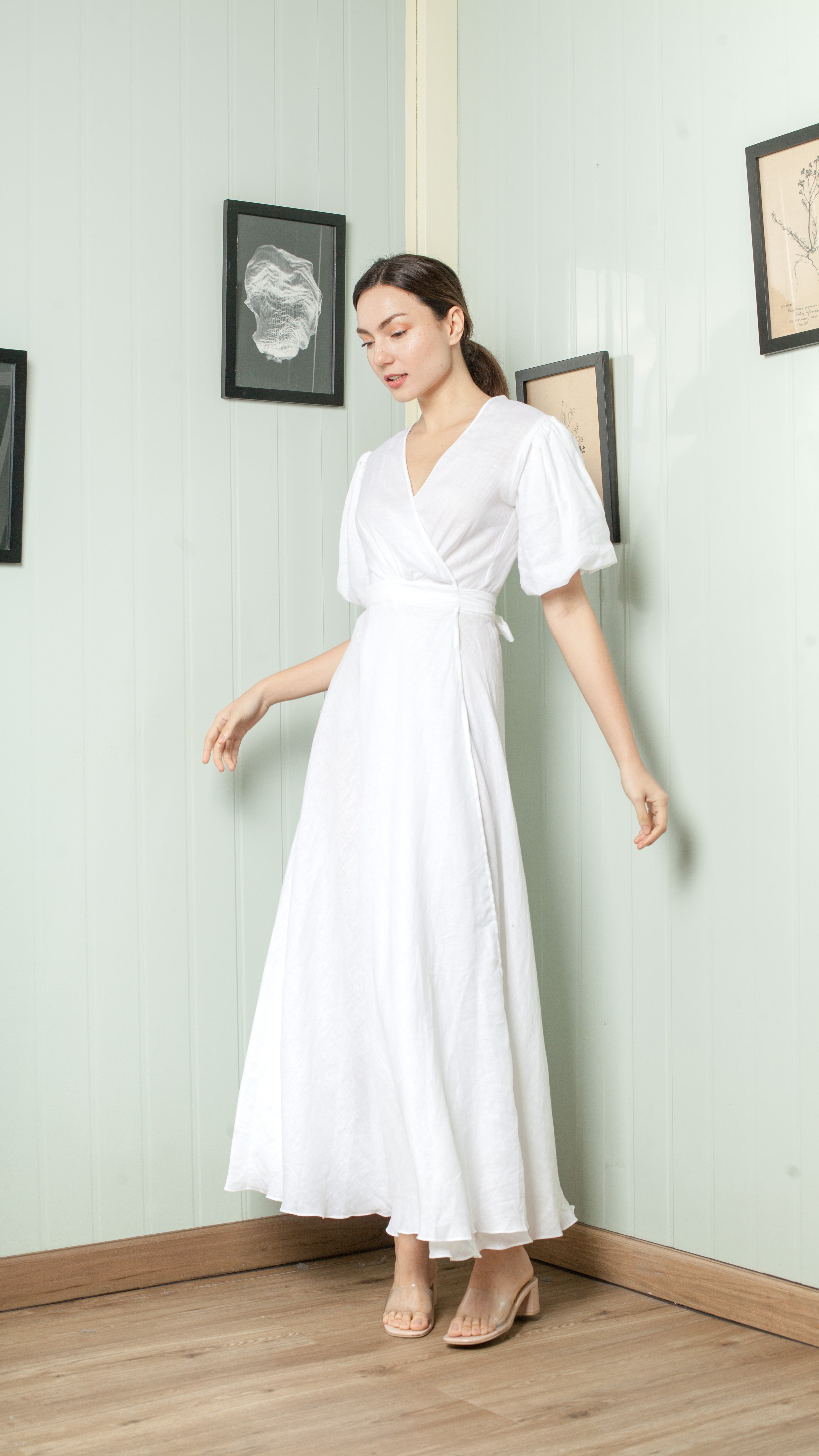 Short Mushroom Sleeve Wrap Long Dress — White