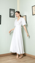 Load image into Gallery viewer, Short Mushroom Sleeve Wrap Long Dress — White
