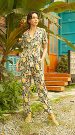 Load image into Gallery viewer, Front Zip Lapel Tapered Jumpsuit — Pineapple
