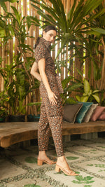 Load image into Gallery viewer, Short Sleeve Tapered Jumpsuit — Brown Floral
