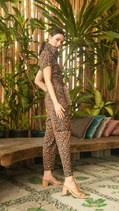 Short Sleeve Tapered Jumpsuit — Brown Floral