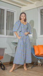 Load image into Gallery viewer, Double Front Pleat Wide Leg Pants in White and Blue Gingham Linen
