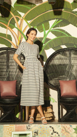 Load image into Gallery viewer, Shirred Waist Stripe Dress — Vertical Blue on Top
