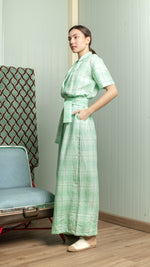 Load image into Gallery viewer, Four Button Lapel Wide Hem Jumpsuit — Green Checkered
