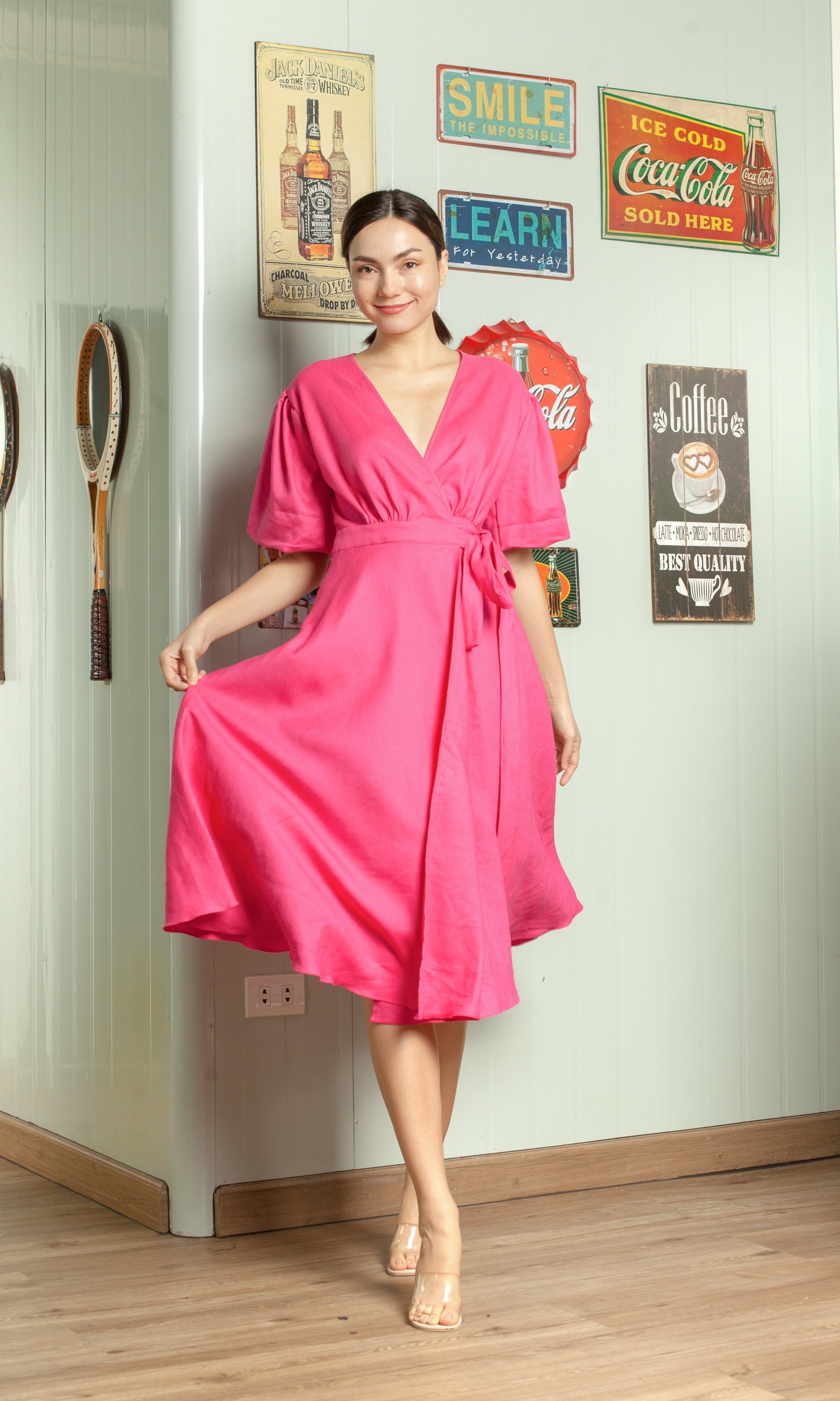 Short Mushroom Sleeve Wrap Midi Dress — Hot Pink