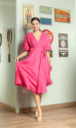 Load image into Gallery viewer, Short Mushroom Sleeve Wrap Midi Dress — Hot Pink
