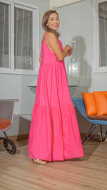 Load image into Gallery viewer, Double Strap V-Neckline Long Dress in Fuchsia Woven Polyester
