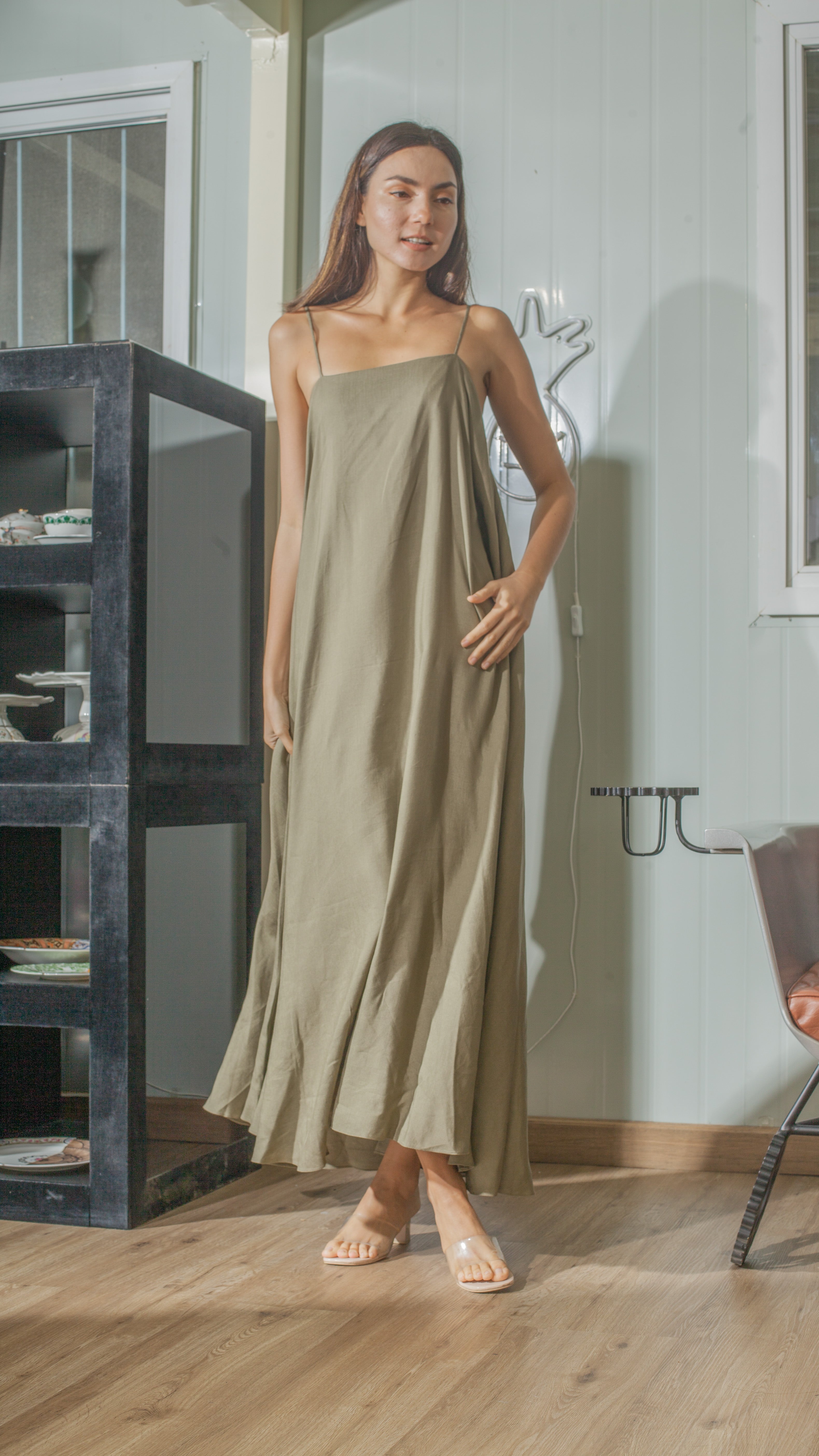 Spaghetti Strap Balloon Dress in Fatigue Green Linen