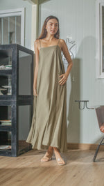 Load image into Gallery viewer, Spaghetti Strap Balloon Dress in Fatigue Green Linen
