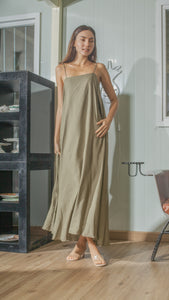 Spaghetti Strap Balloon Dress in Fatigue Green Linen