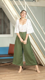 Load image into Gallery viewer, Single Button Flat Front Waistband Back Elastic Wide Hem Pants — Army Green
