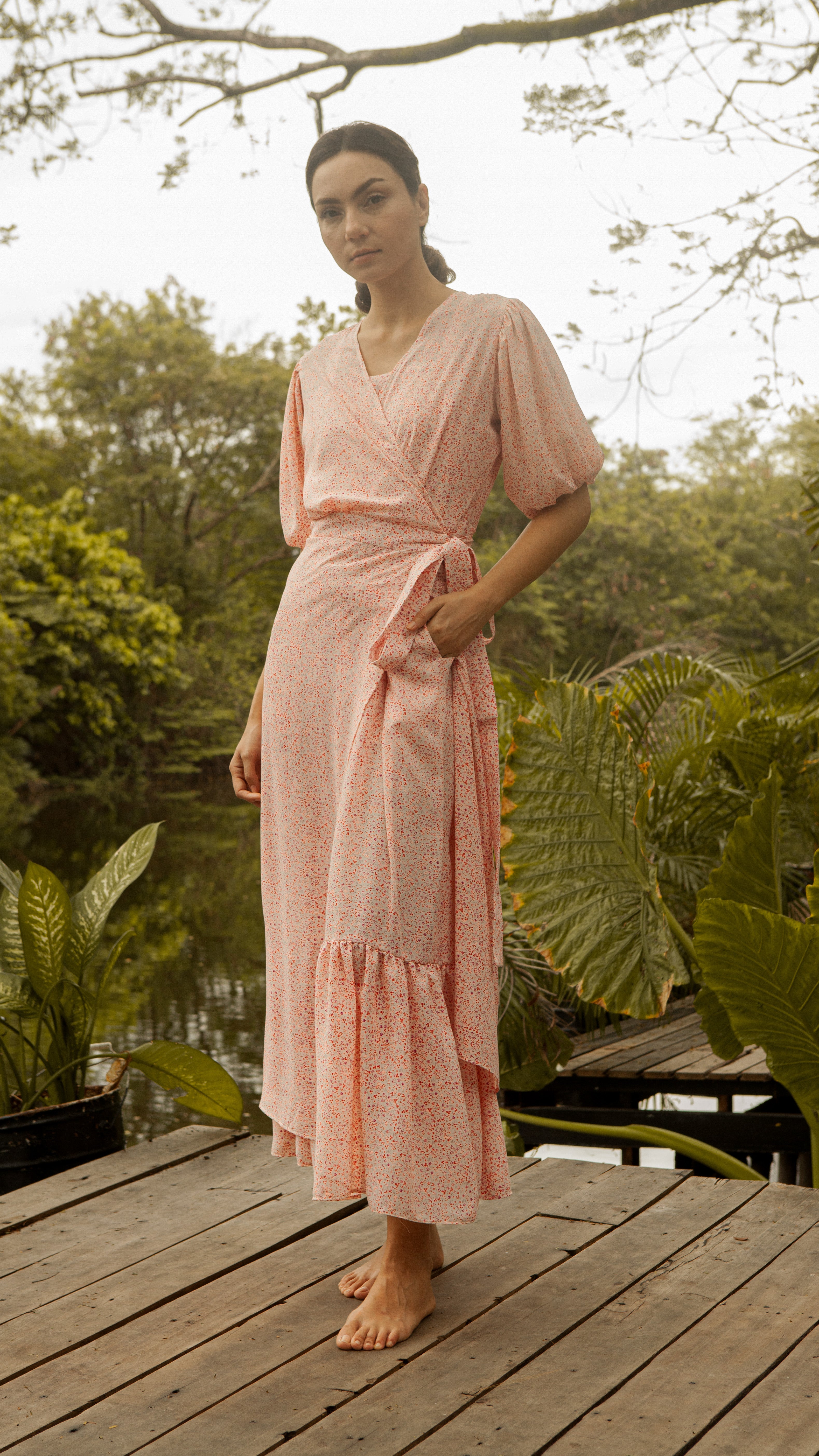 Short Mushroom Sleeve Wrap Long Dress — Floral