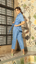 Load image into Gallery viewer, Oversized Short Sleeve Baggy Jumpsuit — Bright Blue
