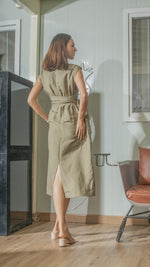 Load image into Gallery viewer, Wide Wrap Belt Dress — Fatigue Green Linen
