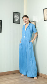 Load image into Gallery viewer, Four Button Lapel Wide Hem Jumpsuit — Azure Blue
