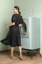 Load image into Gallery viewer, Short Mushroom Sleeve Wrap Midi Dress — Black
