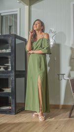 Load image into Gallery viewer, Flounce Cutout Sleeve Double Slit Front Dress in Fatigue Green Crepe
