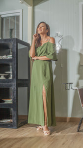 Flounce Cutout Sleeve Double Slit Front Dress in Fatigue Green Crepe