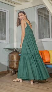 Double Strap V-Neckline Long Dress in Plant Lightweight Cotton Weave