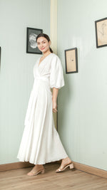 Load image into Gallery viewer, 3/4 Mushroom Sleeve Wrap Long Dress — White
