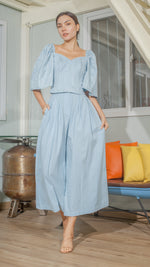 Load image into Gallery viewer, Double Front Pleat Wide Leg Pants in Light Blue Linen
