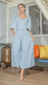 Double Front Pleat Wide Leg Pants in Light Blue Linen