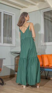 Double Strap V-Neckline Long Dress in Plant Lightweight Cotton Weave