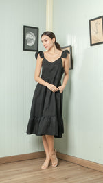 Load image into Gallery viewer, Adjustable Scallop Shoulder Detail Shirred Dress — Black
