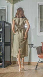 Load image into Gallery viewer, Wide Wrap Belt Dress — Fatigue Green Linen
