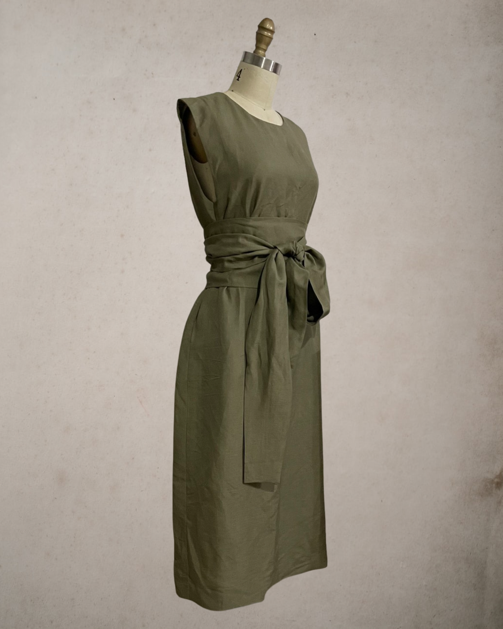 Wide Wrap Belt Dress — Fatigue Green Linen