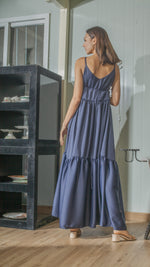 Load image into Gallery viewer, Double Strap V-Neckline Long Dress in Blue Crepe
