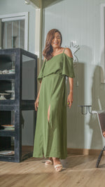 Load image into Gallery viewer, Flounce Cutout Sleeve Double Slit Front Dress in Fatigue Green Crepe
