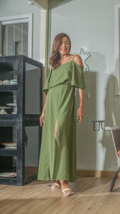 Flounce Cutout Sleeve Double Slit Front Dress in Fatigue Green Crepe