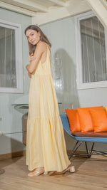 Load image into Gallery viewer, Double Strap V-Neckline Long Dress in Light Yellow Lightweight Cotton Weave
