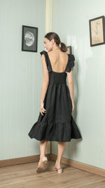 Load image into Gallery viewer, Adjustable Scallop Shoulder Detail Shirred Dress — Black
